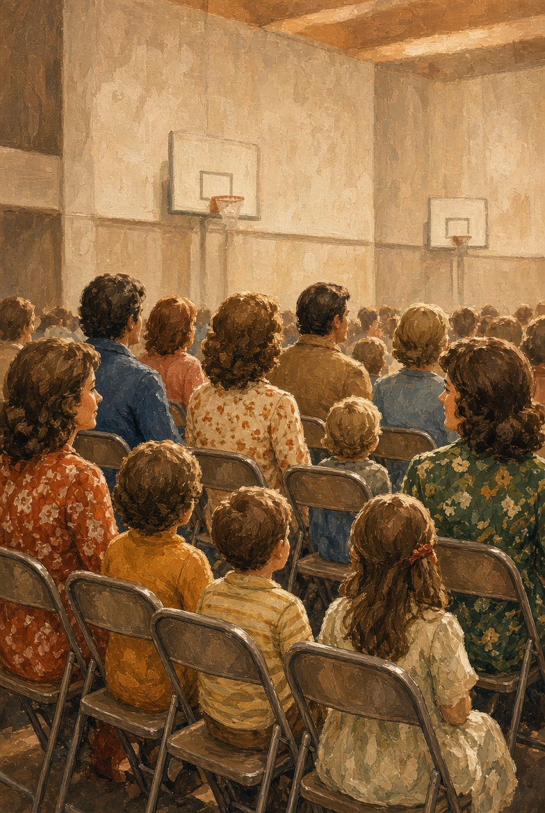 Original painting of families watching a show from folding chairs in a church gym
